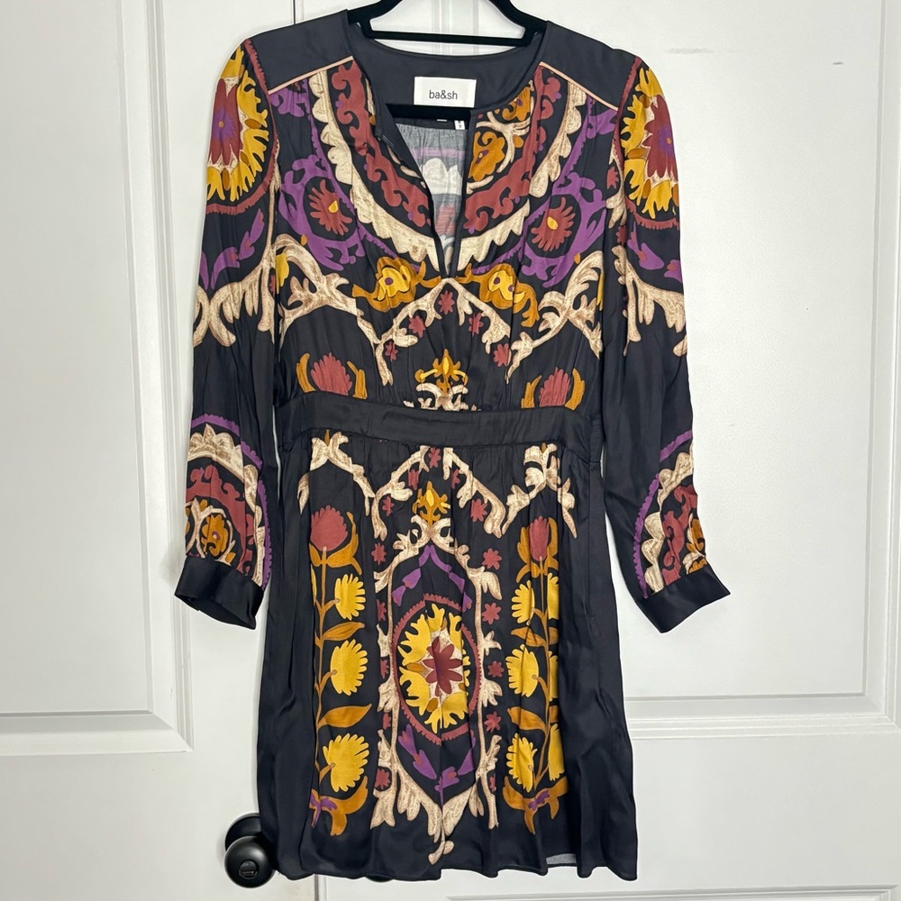 ba&sh Fedora Black Tan Purple Split V-neck Long Sleeve Lady Dress S - Picture 2 of 16